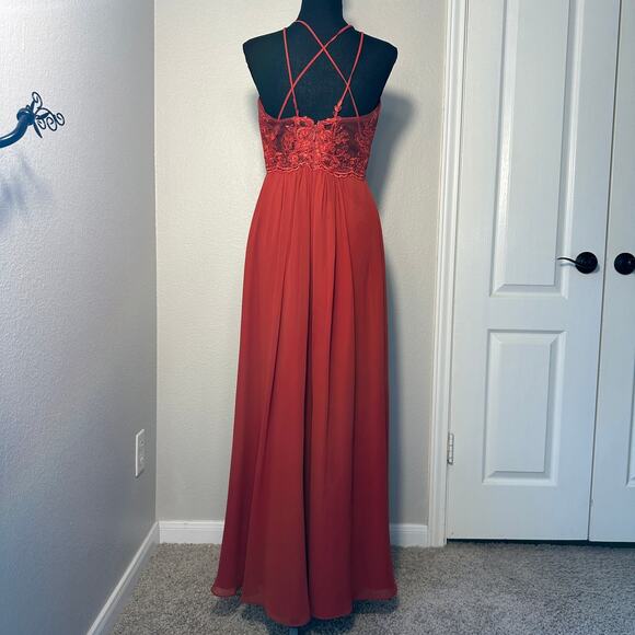 Azazie Rust Maxi Sheer Lace Back Halter Neck Dress Bridesmaid, Wedding Guest, 6 - Picture 3 of 9